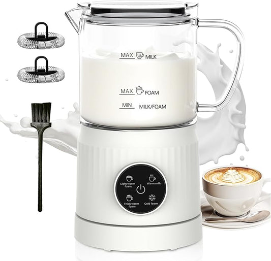 4-in-1 Electric Milk Frother and Steamer for Whole Milk, LED Touch Screen, Cold and Warm Foam Maker, Ceramic-Coated, 13.52oz for Lattes, Cappuccinos and Hot Chocolate, Auto Shut-Off, Cream White