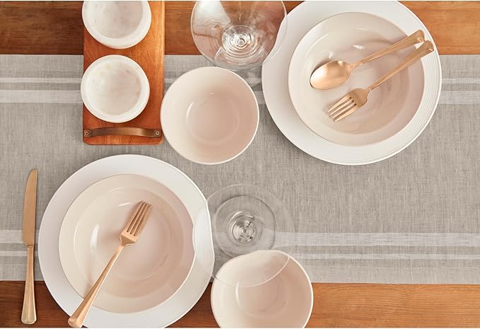 Solino Home Linen Table Runner 156 Inches Long - 100% Pure Linen White and Natural French Stripe Table Runner 14 x 156 Inch for Dining, Spring, Summer