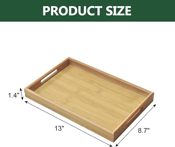 Bamboo Serving Tray with Handles, 13x8.7 Inch Rectangular Breakfast Tray for Eating on Couch or Bed, Modern Decorative Coffee Table Trays for Serving Food, Drink and Fruit