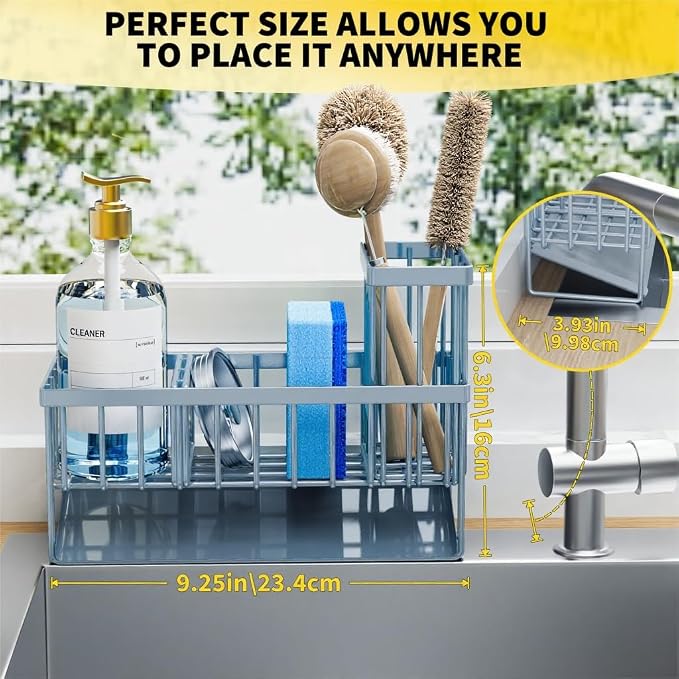 Cisily Sink Caddy Organzier with High Brush Holder, Sponge Holder for Sink, 304 Rustproof Stainless, Kitchen Countertop Soap Dispenser Organizer, Gray Blue Kitchen Decor and Accessories