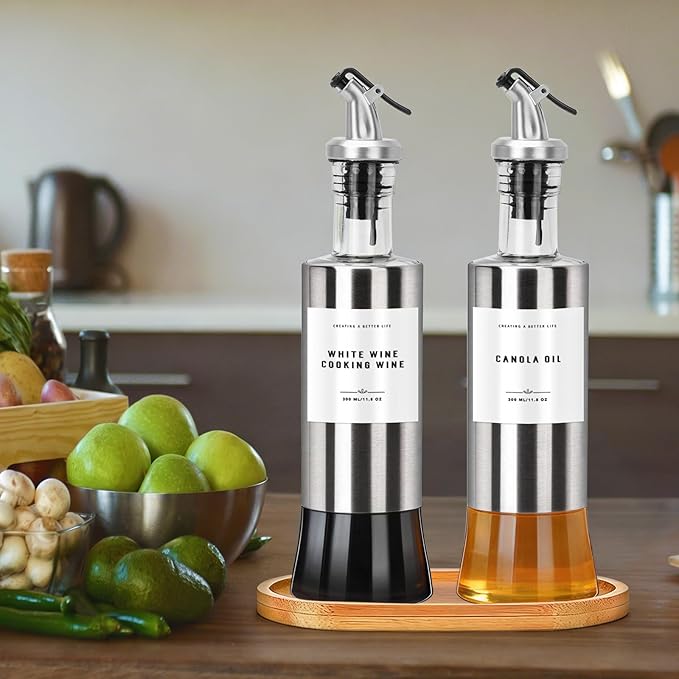 Olive Oil Dispenser Bottles for Kitchen with Bamboo Tray, Oil and Vinegar Dispenser Set, Stainless Steel Glass Dispensers, 300ml - Set of 2