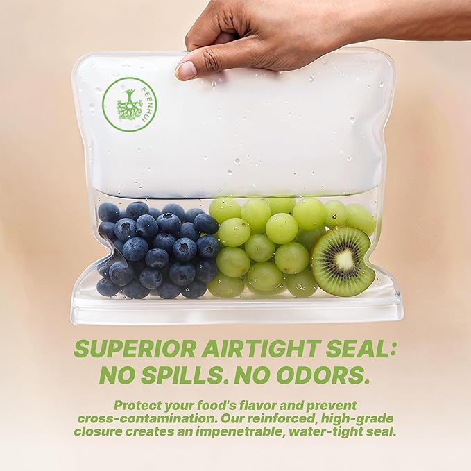 3 Pack Reusable Food Storage Bags, Clear, Freezer Safe, Resealable, Kitchen Organization, Long-Term Storage, Dishwasher-safe freezer food storage bags in 3 sizes.