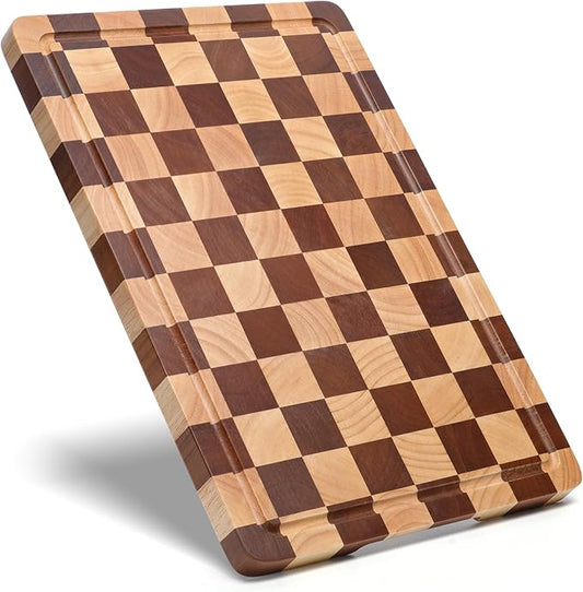 Checkered Cutting Board for Kitchen - Checkerboard Wood Chopping Board with Juice Groove & Handle, End Grain Wooden Checker Kitchen Board for Cooking, Serving and Decor