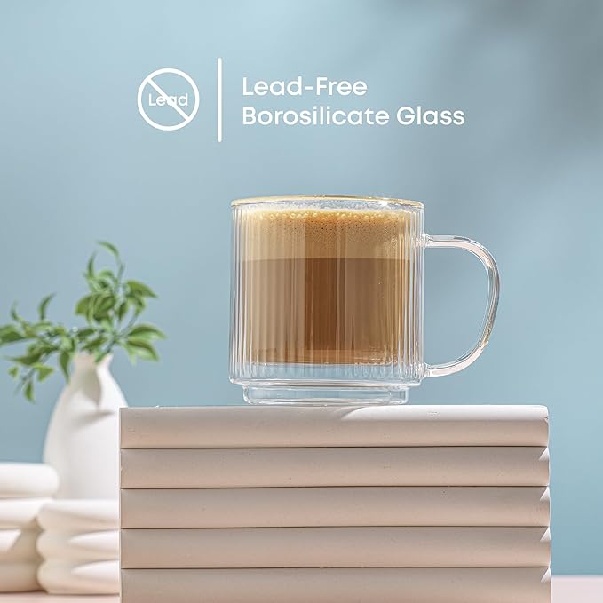 JoyJolt Haven Stackable Fluted Glass Mugs, Set of 2 Ribbed Double Wall Insulated Coffee Cups, 13.5oz Clear Mugs