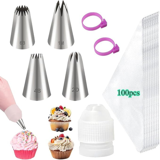 107pcs 1M 2D 4B 6B Piping Tips and Bags Set, Stainless Steel Large Piping Tips with 100 Disposable Icing Bags, Pastry Coupler, 2 Bag Ties, Frosting Icing Kit for Cake Rosettes Swirls Decorating