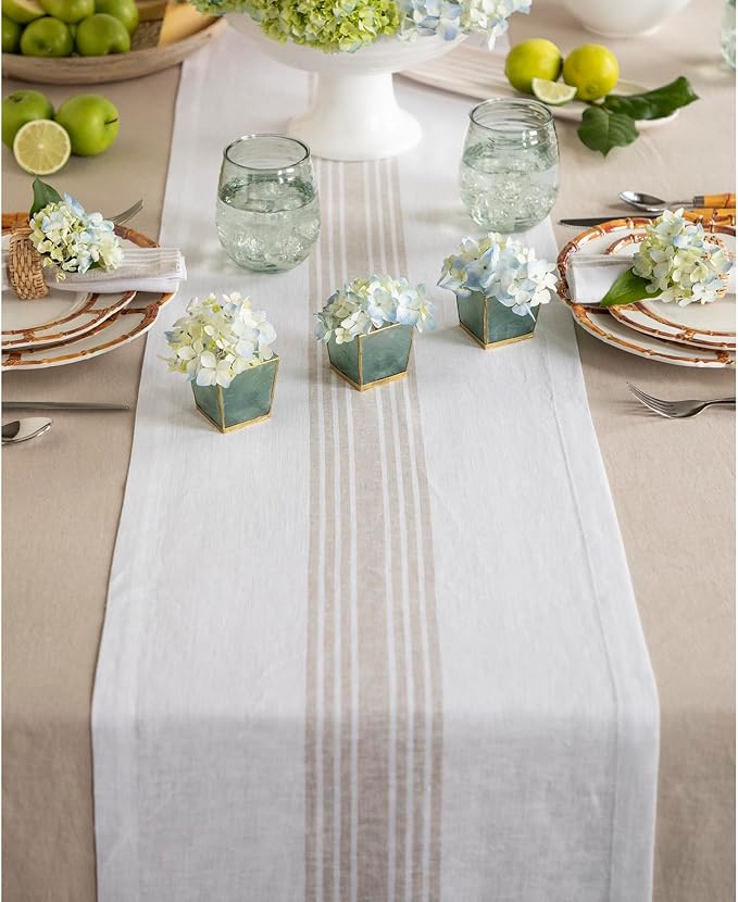 Solino Home Linen Striped Table Runner 108 Inches Long - Farmhouse 100% Pure Linen Natural and White Dining Table Runner 14 x 108 Inch for Summer