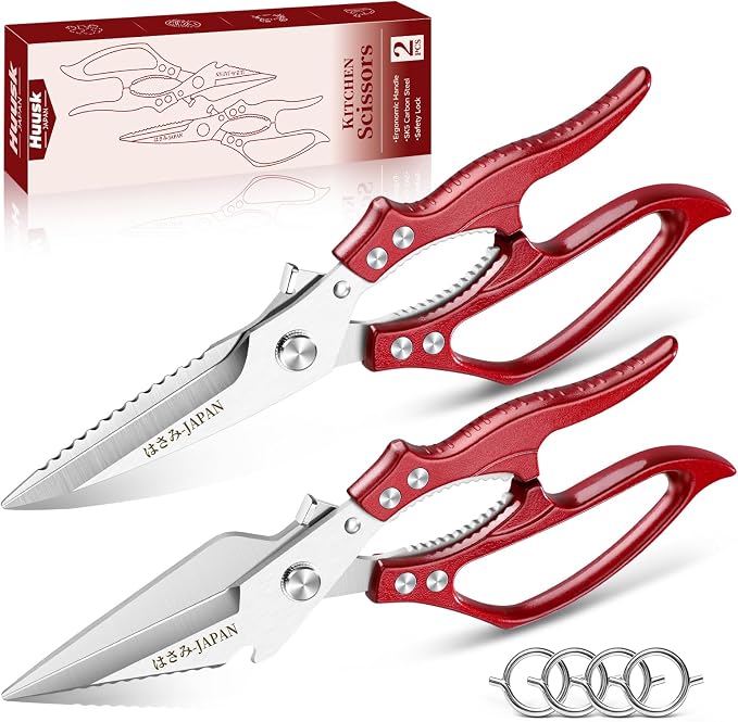 Huusk Heavy Duty Kitchen Shears Set – All Purpose Japanese Kitchen Scissors for Chicken, Meat, Fish, Vegetables & Pizza, Poultry Shears with Ergonomic Non-Slip Red Handle, Gifts for Women Men