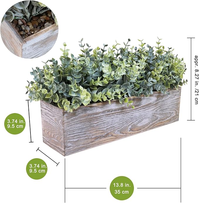 Winlyn 14" Artificial Eucalyptus in Rustic Rectangular Wooden Planter Box Faux Potted Eucalyptus Plant Greenery Arrangement for Home Wedding Dining Table Centerpiece Farmhouse Mantel Shelf Décor