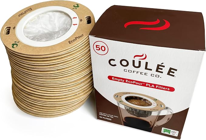 EcoPour Empty Coffee Filters, Compostable BioPlastic PLA Mesh, Single-Serve Pour Over Filters for Coffee or Tea, Portable & EcoFriendly, 50 Pack
