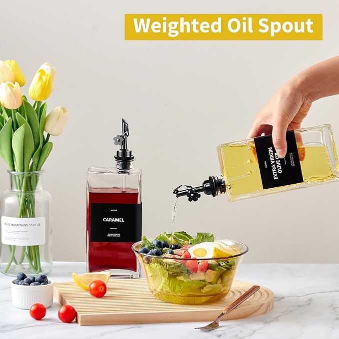Olive Oil Dispenser Bottle for Kitchen, 16.9 oz/ 500 ml Vinegar Dispenser, Cooking Oil Dispenser Set, Glass Cruet with Pourer Spouts for Vinegar, Coffee Syrup Dispenser