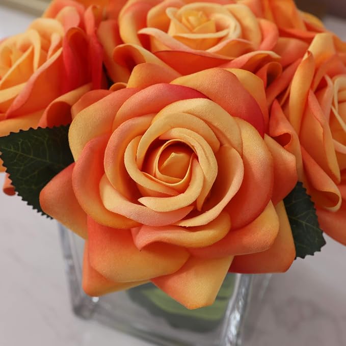 Fule Artificial Velvet Rose Flower Centerpiece Arrangement in vase for Home Wedding Decoration (Orange)