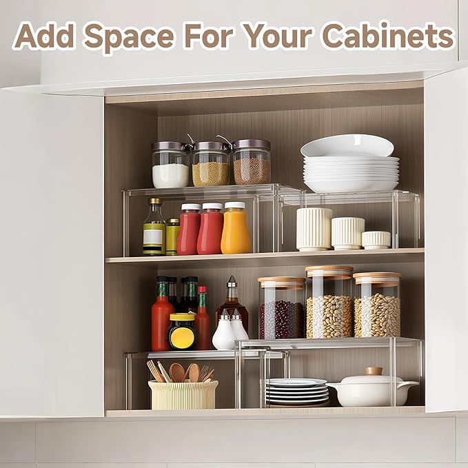 Clear Kitchen Cabinet Organizer, Set of 2 Stackable Spice Rack, Acrylic Shelves for Pantry Organizers and Storage, Tiered Spice Organization for Cabinet, Shelf Organizer for Desk Countertop