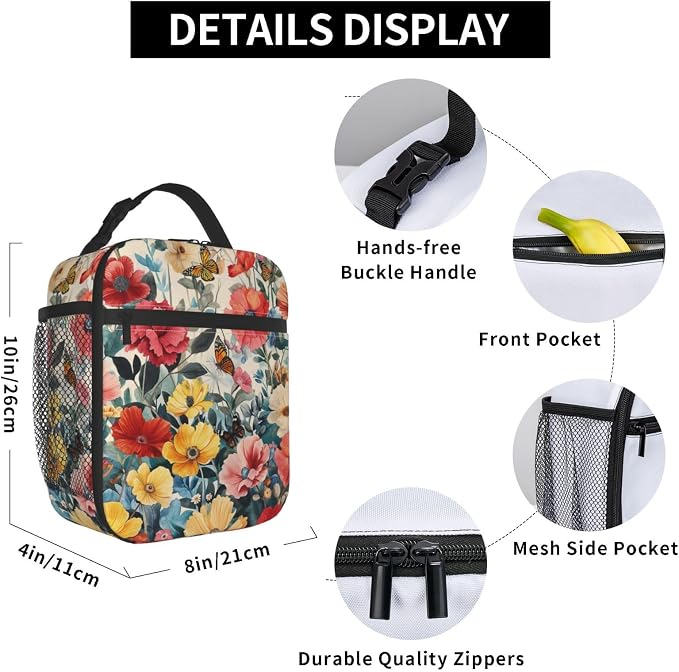 Floral Lunch Box for Adults Women Girls Boys Kids Butterfly Flower Lunch Box Insulated Cooler Reusable Lunch Bag Container Gifts for Work Office Picnic Travel School