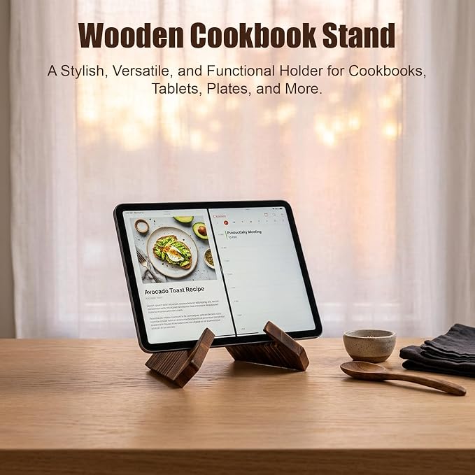JJUNW Cookbook Stand, Recipe Book Holder for Kitchen Counter, Wooden Cookbook Holder, Rustic Cook Book Holder Stand - Rustic Brown