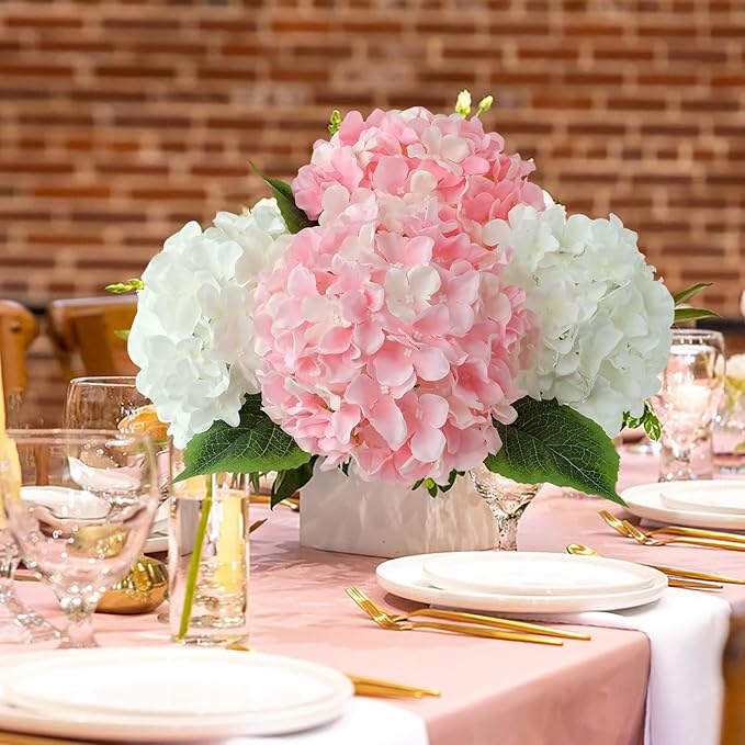 JINWOE Light Pink Flowers Silk Artificial Hydrangeas, 5Pcs 20Inch Lifelike Large Flowers with Stems, Full Artificial Flowers for Wedding Bouquet Table Centerpieces Spring Home