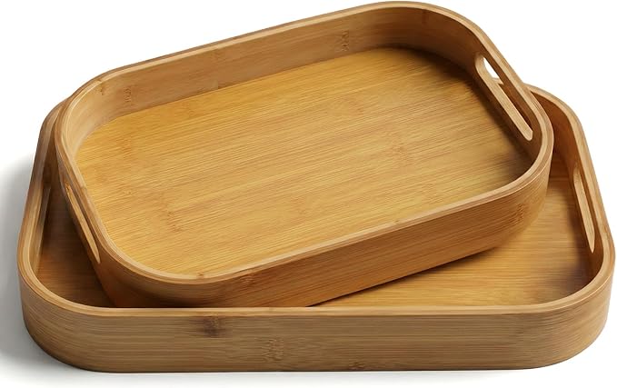 2-Pack Bamboo Serving Trays with Handles (16" & 13") – Large Solid Wood Breakfast Tray for Bed, Food Serving Platter for Coffee, Tea, Dinner, Party, Decorative Tray for Kitchen Counter & Living Room