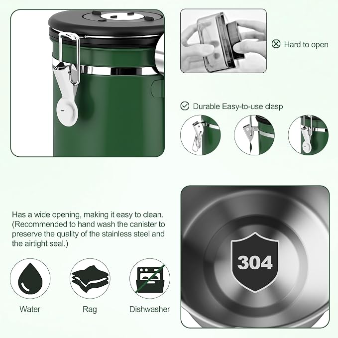 ShanSon Coffee Canister Airtight, Stainless Steel Bean Storage Container with Date Tracker & Scoop, Grounds Sugar Flour Tea Cereal Fits Kitchen Pantry, Ideal Gift for Coffee Lovers,16oz, Dark Green