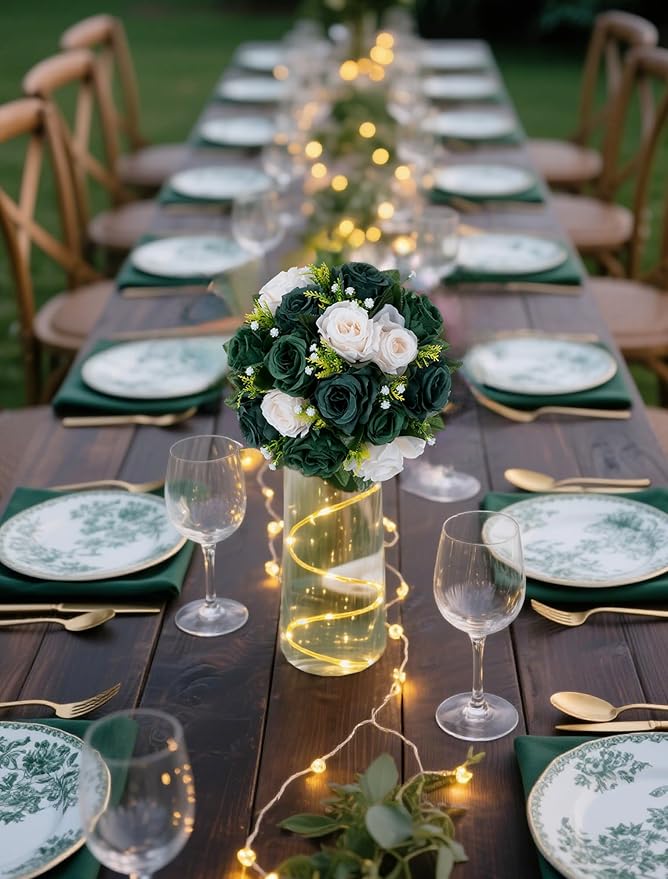 BLOSMON Green Flowers Artificial for Decoration: 2 Pcs Fake Rose Balls Table Centerpiece for St Patricks Day Home Decor - Faux Silk Kissing Bouquet Floral Arrangement for Wedding Party Event Decor