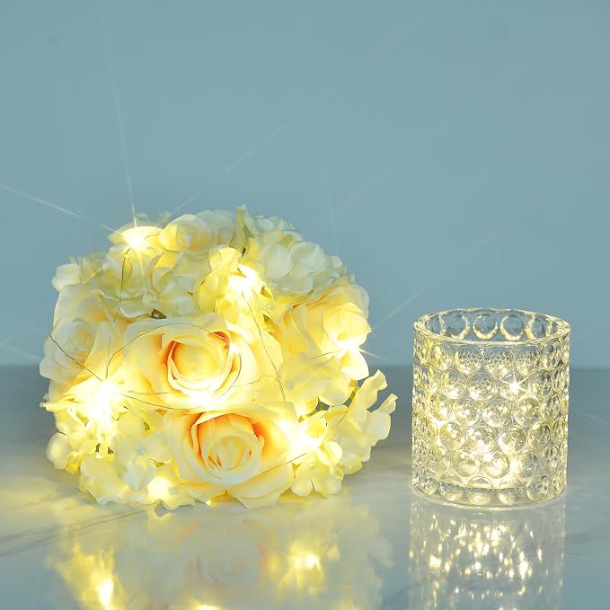 Rose Silk Flower Arrangement Artificial Vivid Rose in Glass Vase with LED Light Elegant Centerpiece for Home Wedding Bathroom Table Shelf Decoration (Champagne)