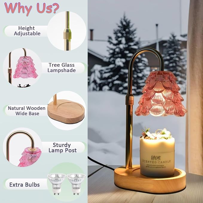 Chritsmas Tree Lampshape Candle Warmer Lamp with Adjustable Height, Aroma Candle Warmer with Timer and Dimmer, Wooden Base Glass Wax Warming Lamp, Women's Gifts(Tree Pink)