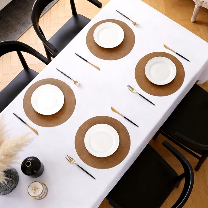 MOSAYT 13 Inch Round Vinyl Placemats Set of 8 - Faux Leather 100% Waterproof Oil-Proof Wipeable PU Place Mats, Heat Resistant Reversible Table Mats for Kitchen, Dining, Outdoor, Reddish Brown