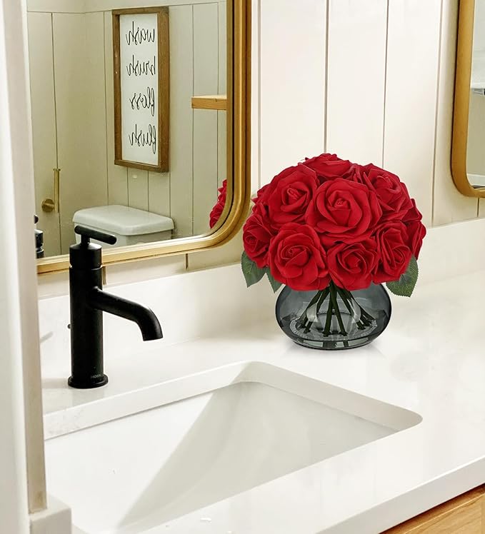 Hollyone Red Roses Artificial Flowers in Vase Silk Fake Rose Bouquet Flowers Floral Arrangements with Glass Vase with Faux Water for Home Bathroom Office Table Centerpiece Shelf Decorations