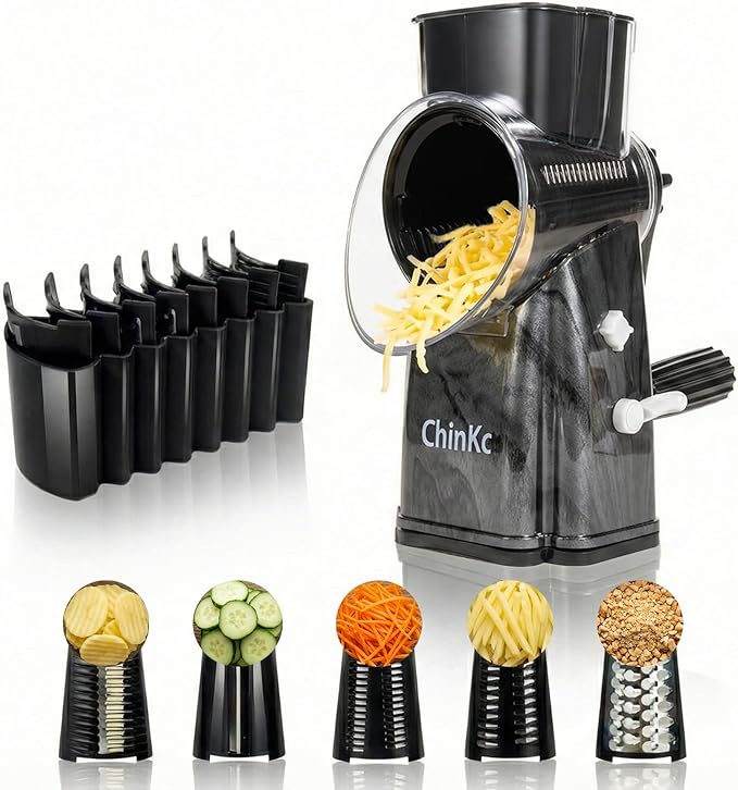 Upgrade Rotary Cheese Grater Shredder with Handle, Strong Suction Base, Multi-purpose Rotary Grater Slicer with 5 Interchangeable Blades for Ice, Vegetables, Fruit, Nuts with Blade Storage Box