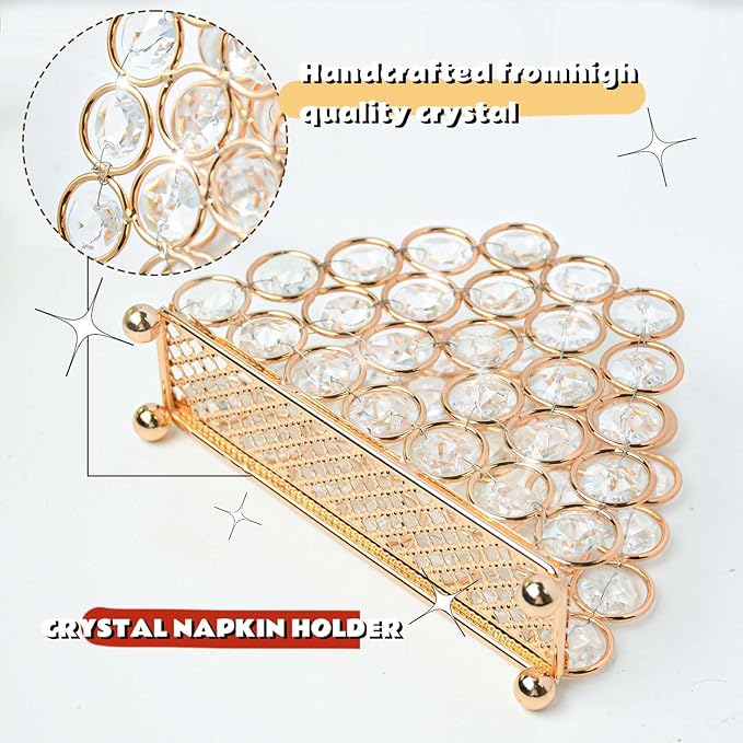 2-Pack Metal Crystal Gold Napkin Holders, Standing Tissue Dispenser & Card Organizer -5.7"×4.3" Modern Table Organizer for Kitchen Dining Party Bathroom Decor