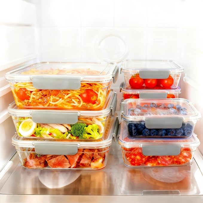 2.8L Tritan Plastic Food Storage Containers, Airtight Tritan Plastic Locking for Fridge Freezer, Meal Prep, Deli Meat, Snacks, 8 Containers with Lids, 16 pieces, Extra Large, Clear