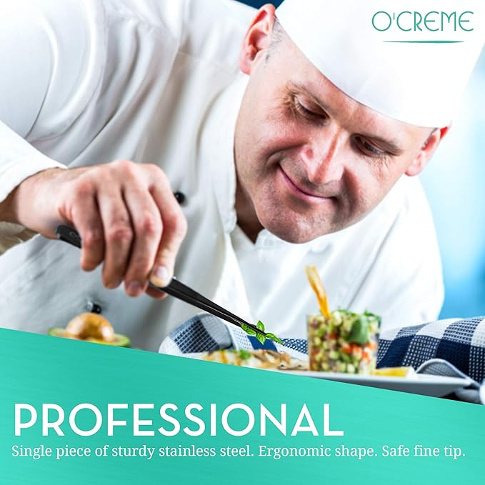 O'Creme Stainless Steel Precision Kitchen Tweezer Tongs 6.25" with Fine Tip (Black)