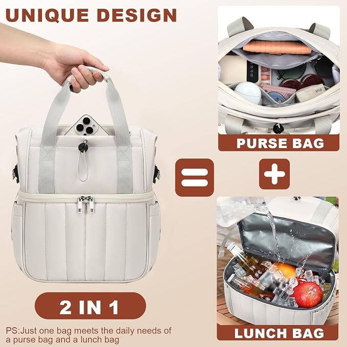 LOIDOU Insulated Lunch Bag for Women Men, Double Layer Leakproof Lunch Box, Quilted Reusable Lunch Tote Bags Large Capacity Work Lunchbox for Adult, Office, Nurse, Teacher