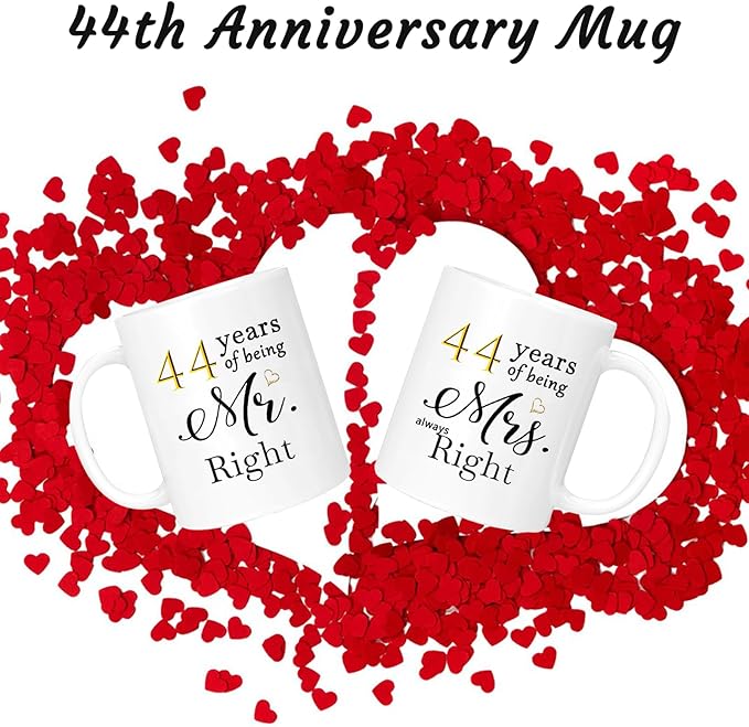 44th Anniversary Coffee Mugs Set of 2, 44 Year Anniversary Wedding Gifts Decorations for Couple Parents Grandparents Men Women Husband Wife Him Her, Gift Box Packaging, 11oz
