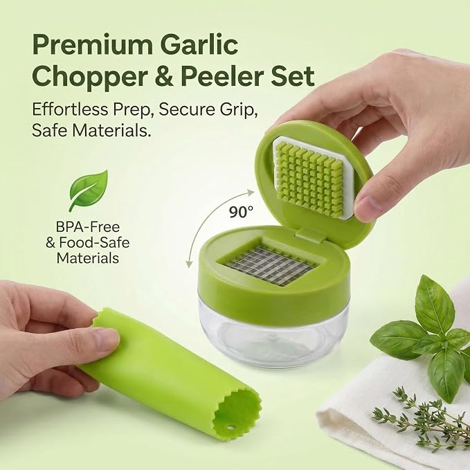 1 Set, 3-in-1 Stainless Steel Garlic Press and Mincer Set with Silicone Peeler, Cleaning Brush, and Storage Container, Multi-Purpose Food Chopper for Easy Garlic Preparation