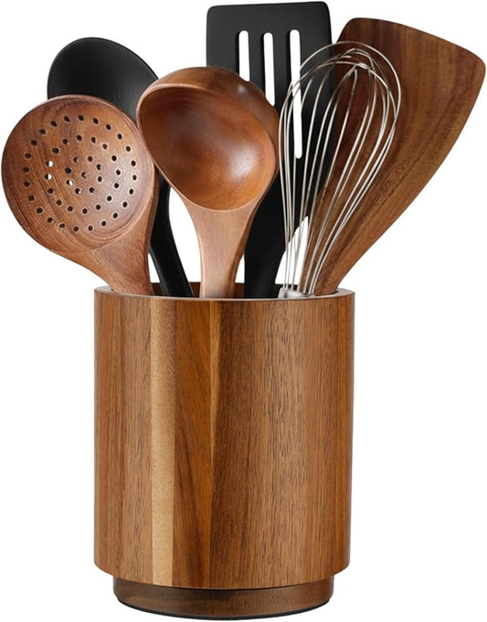 Linda's Essentials Acacia Wooden Utensil Holder for Kitchen Counter, 7.2" Wood Utensil Holder Counter, Kitchen Utensils Holder with 360° Rotation, Non-Slip Large Utensils Holders, Spatula Holders