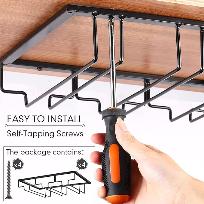 Potchen 4 Pack Wine Glass Holder Under Cabinet, Hanging Wine Glass Rack 3 Rows Stemware Rack Black Wine Glass Holder Shelf Wine Glass Storage Metal Organizer for Cabinet Kitchen Bar