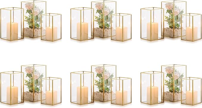 Nuptio Glass Hurricane Candle Holder Set of 18 Gold Pillar Candle Holders Large Rectangular Candleholder Table Centerpieces Decoration for Wedding Party Holiday Home Ornaments 9.5 & 8.1 & 6.5 inch
