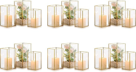 Nuptio Glass Hurricane Candle Holder Set of 18 Gold Pillar Candle Holders Large Rectangular Candleholder Table Centerpieces Decoration for Wedding Party Holiday Home Ornaments 9.5 & 8.1 & 6.5 inch