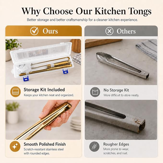 Kitchen Tongs Set of 3 with Storage Case, 304 Stainless Steel Cooking Tongs, 11.5”, 9.5” & 6” Serrated Non-Slip Tips for Grilling, Frying, Salad, Pasta, Ice Cubes (Gold)