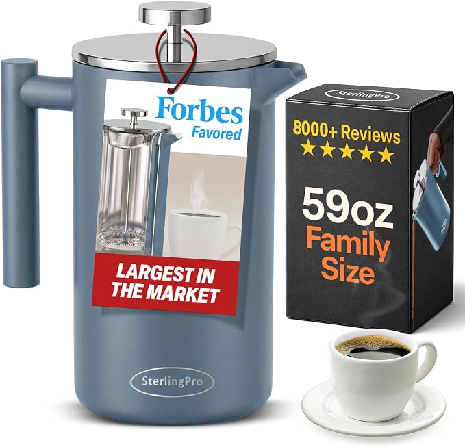 SterlingPro Non-Toxic Extra Large Insulated Stainless Steel French Press Coffee Maker 59oz – Metal XXL Double Wall French Press | Plastic Free | Cool-Touch | Blue Finish | Makes up to 16 Cups / 8 Mugs