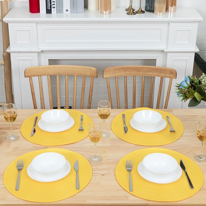 Winknowl Round Braided Placemats Set of 6 Washable Woven Heat Resistant Table Mats for Kitchen Dining Tables 15 inch Round Place Mats (Yellow,6pcs)