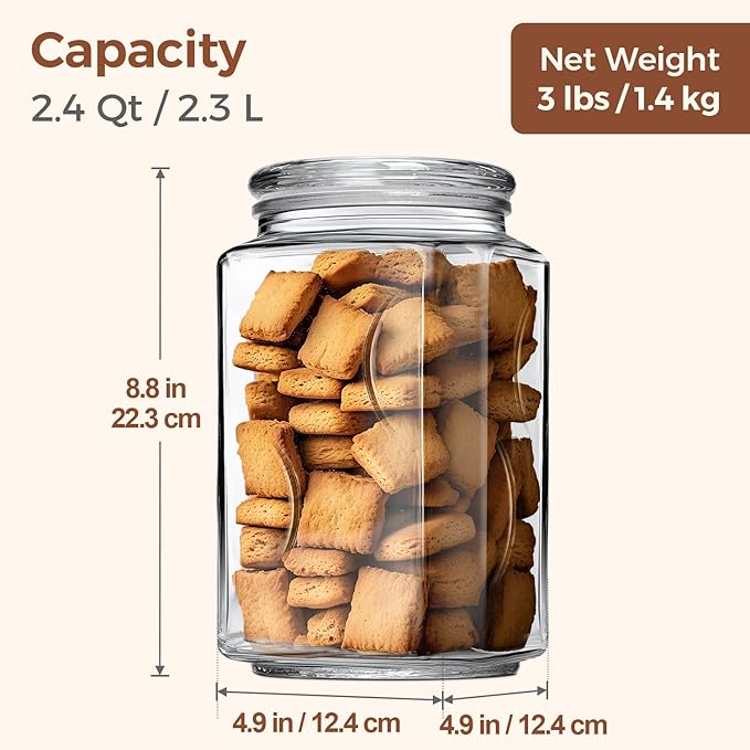 ComSaf 78 oz (2400ml) Square Glass Food Storage Jar with Airtight Lid, Wide Mouth Large Pantry Container for Flour, Sugar, Cereal, Dishwasher Safe, Modern Minimalist Design
