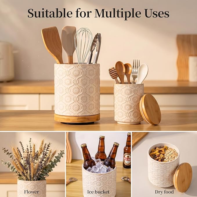 Newise Utensil Holder - Set of 2, Ceramic Kitchen Utensil Holder for Countertop, Large Utensil Crock with 360° Rotating Base, 6"+4" Embossed Cooking Storage and Decoration