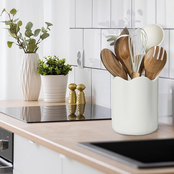 Ceramic Utensil Holder for Kitchen Counter, 6.2" Large Kitchen Utensil Holder for Countertop with Cork Bottom, Cooking Tool Organizer for Spatula, Matte White
