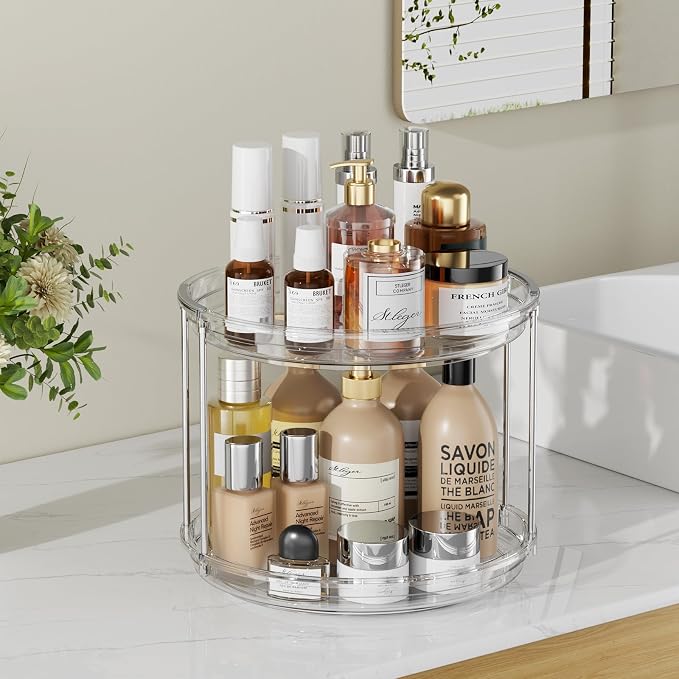 2 Tier Lazy Susan Organizer,10.6 Inches Lazy Susan Turntable for Cabinet,Stackable Turntable Organizer Rotating Spice Rack Organization for Kitchen Countertop,Pantry,Bathroom,Clear
