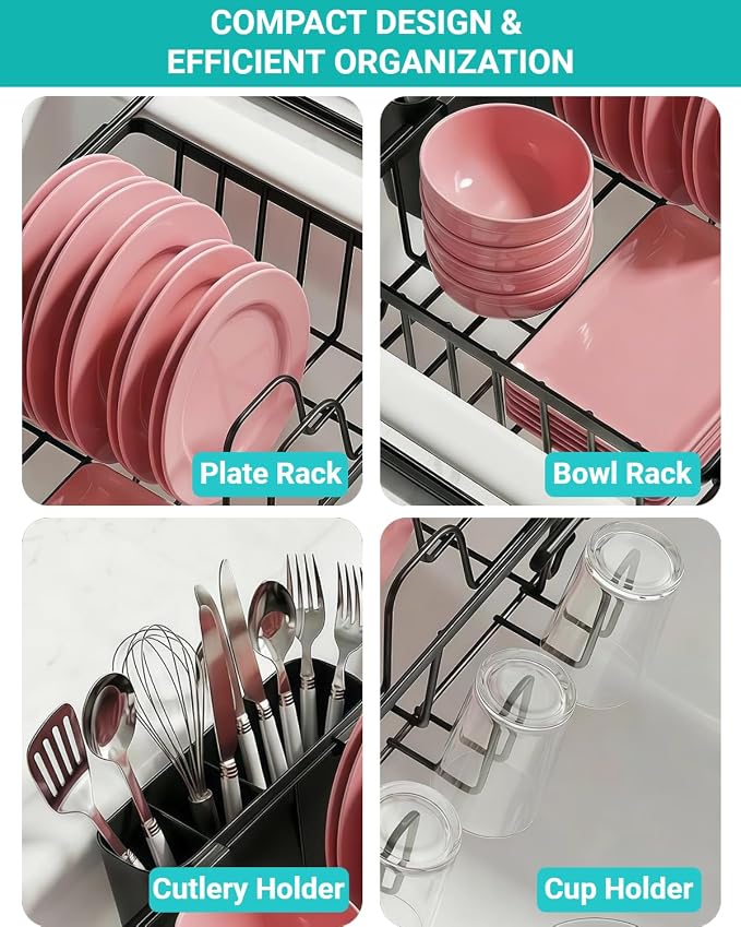 Sylfaen Expandable Over The Sink Dish Drying Rack, Stainless Steel Dish Rack in Sink, Kitchen Sink Drain Strainer with Utensil Holder & Cup Holders, Counter Space Saving & No Assembly Needed, Black