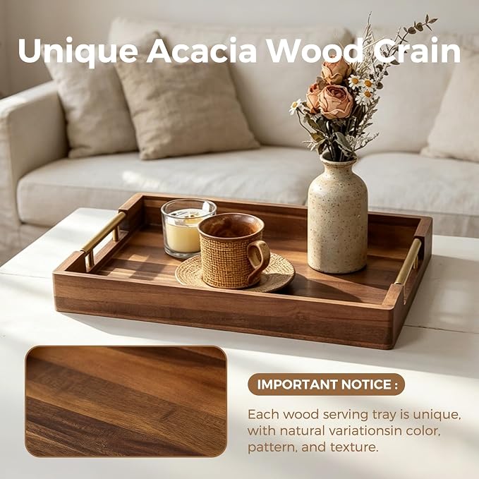 Acacia Wood Serving Tray with Golden Handles, 17x12 in Large Wooden Tray for Ottoman, Coffee Table, Breakfast in Bed, Bar, Rectangular Decorative Tray for Modern Farmhouse Decor