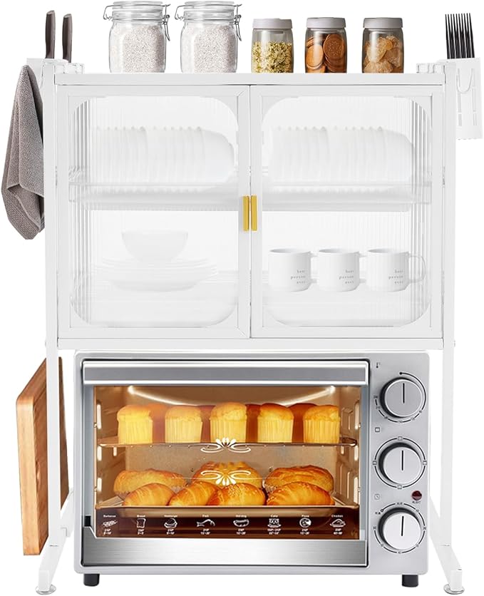 Kitchen Storage Rack, 3-Tier Metal Dish Rack, Over The Sink Dish Drainer Drying Rack, Table Standing Microwave Oven Shelf w/ Feet Adjustable, Home Storing Organizer Unit for Kitchen Utensils (White)
