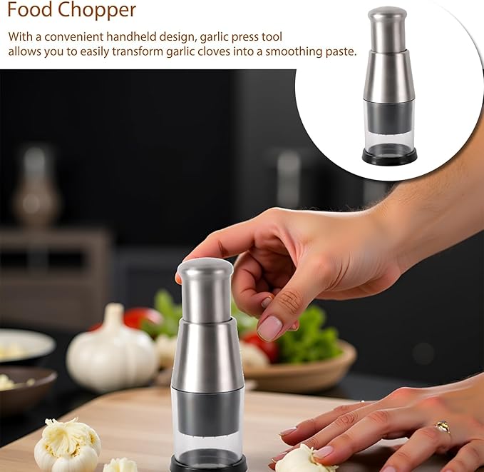 Manual Pressed Garlic Chopper, 6.3 X 2.4in Mini Dicer Food Chopper, 304 Stainless Steel Manual Garlic Press and Masher Hand-Pressed Kitchen Chopper for Mincing Garlic Press