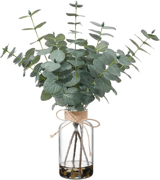 15.74” Artificial Eucalyptus Stems in Glass Vase with Faux Water & Natural Stones, Lifelike Fake Greenery for Modern Farmhouse Home Decor, Bathroom Decor, Office Desk Centerpiece