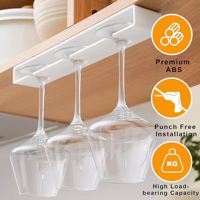 Wine Glass Holder, 2 Pack, No Drilling Required, Hanging Stemware Rack Organizer for Bar Cabinet Kitchen, White